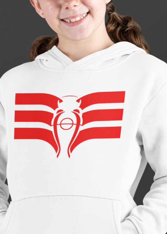 WHITE HOODIE FOR KIDS WITH RED EAGLE - PATTERN ON THE BACK